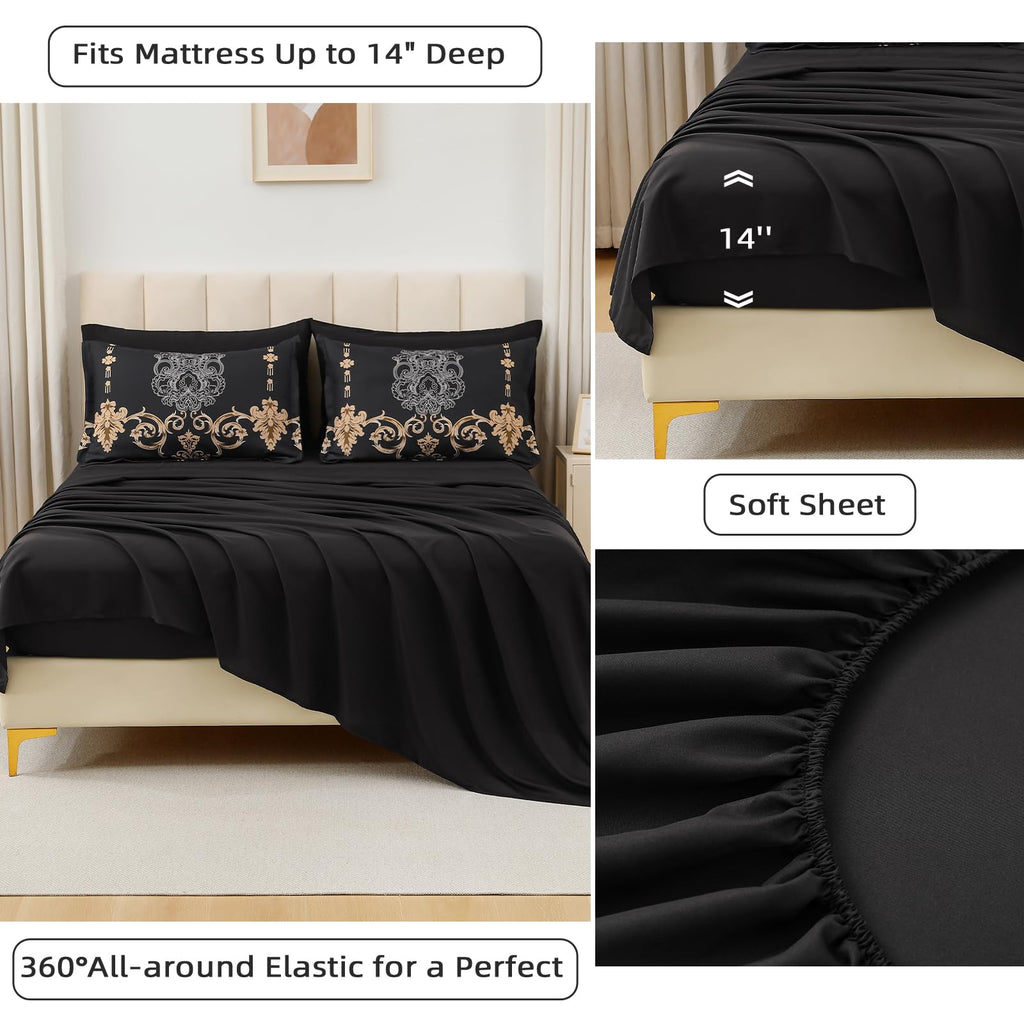 Black Comforter Set King Size, 7 Pieces Gold Damask Bed in a Bag