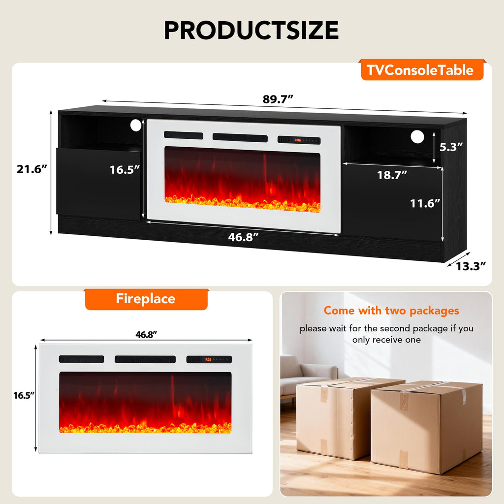 90" Fireplace TV Stand for TVs Up to 100", LED Light Entertainment Center with 50" Electric Fireplace, Modern Wood