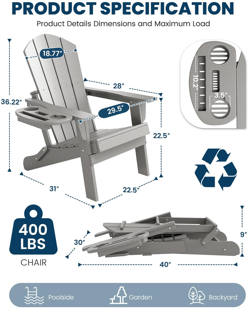 Folding Adirondack Chair Set of 4 with 4-in-1 Cup Holder, Fire Pit Chair