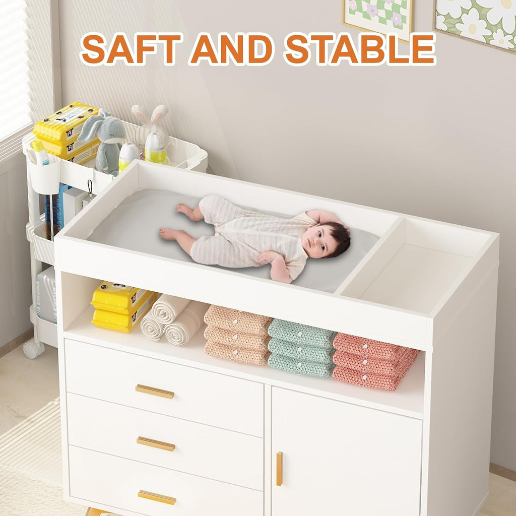 Baby Changing Table Dresser with Table Top, 3 Drawers & Open Shelf | Wooden Diaper Changing Station with Safety Rails