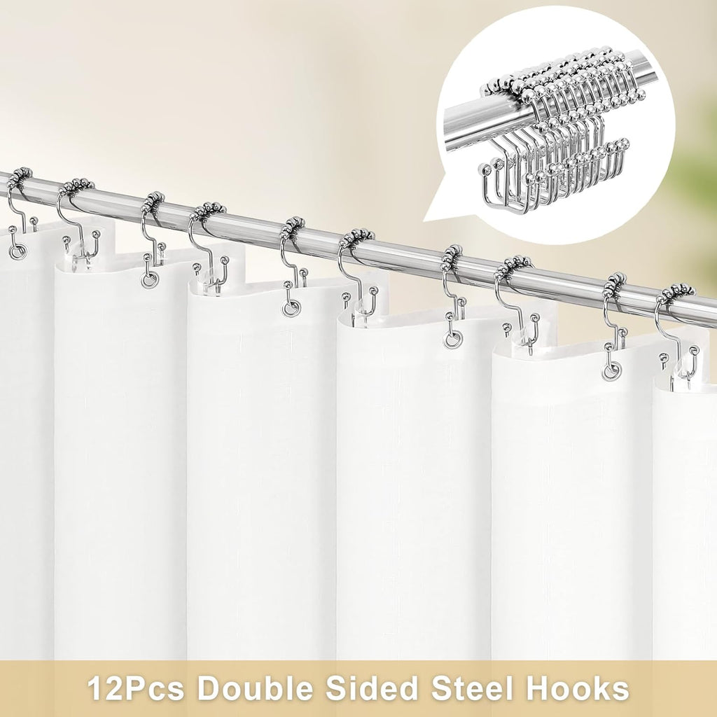 3 in 1 White Slub Shower Curtain Liner Set -72x72 | 3 in 1 White Slub Shower Curtain Set with PEVA Liner and 12 Steel