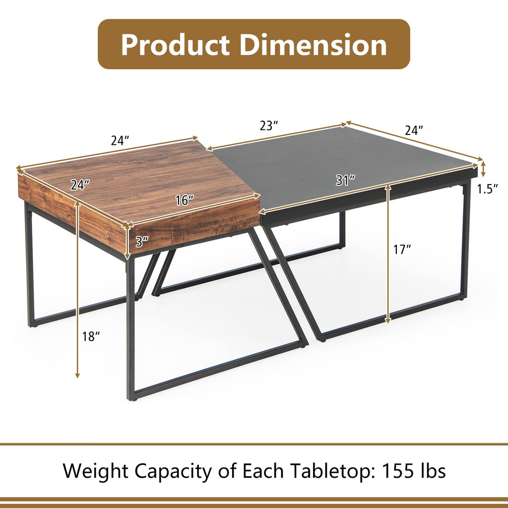 Stacking Coffee Set of 2, Black & Brown Modern Side with Powder Coated Metal Legs, Trapezoid Nesting, Black + Brown