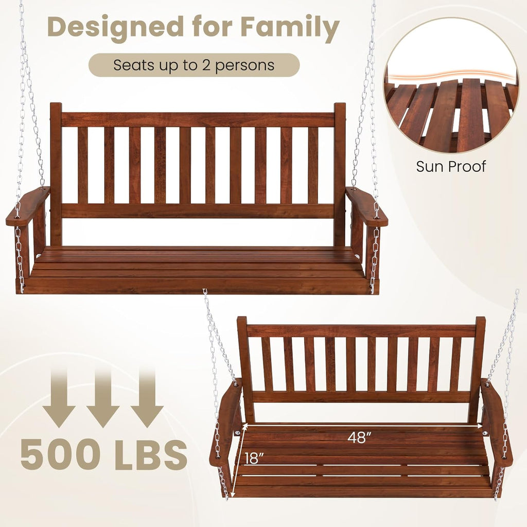2-Person Wooden Outdoor Porch Swing, Heavy Duty Patio Hanging Bench Chair with 500 LBS Weight Capacity, 5.6 FT