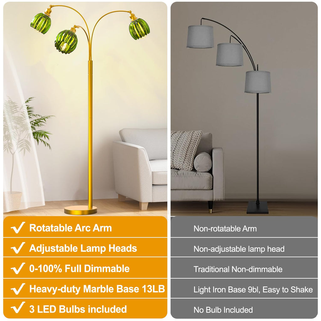 Arc Floor Lamps, Gold Dimmable Floor Lamp with Green Flower Glass Shades and 3 Brightness Lights, Adjustable Arm