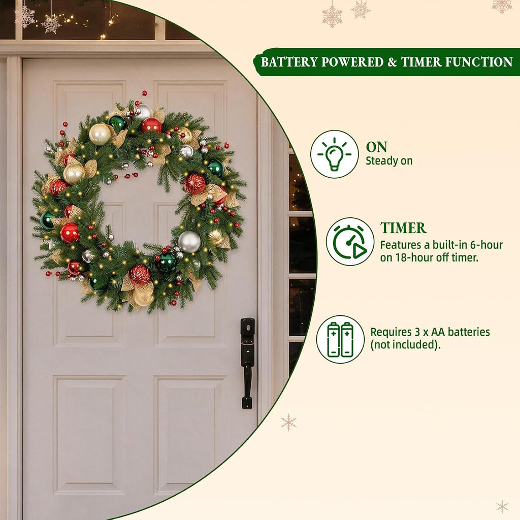 32 Inch Pre-Lit Christmas Wreath with 60 Warm White LED Lights and Timer, Battery Operated Artificial PE & PVC Wreath