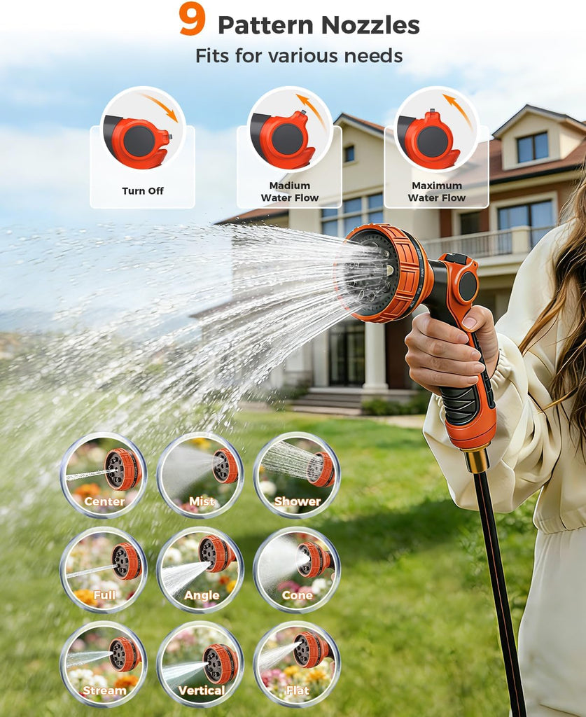 100 FT 1/2 Inch Retractable Garden Hose Reel Wall-Mounted 180° Swivel 9-Patern Nozzle Automatic Slow Return Any