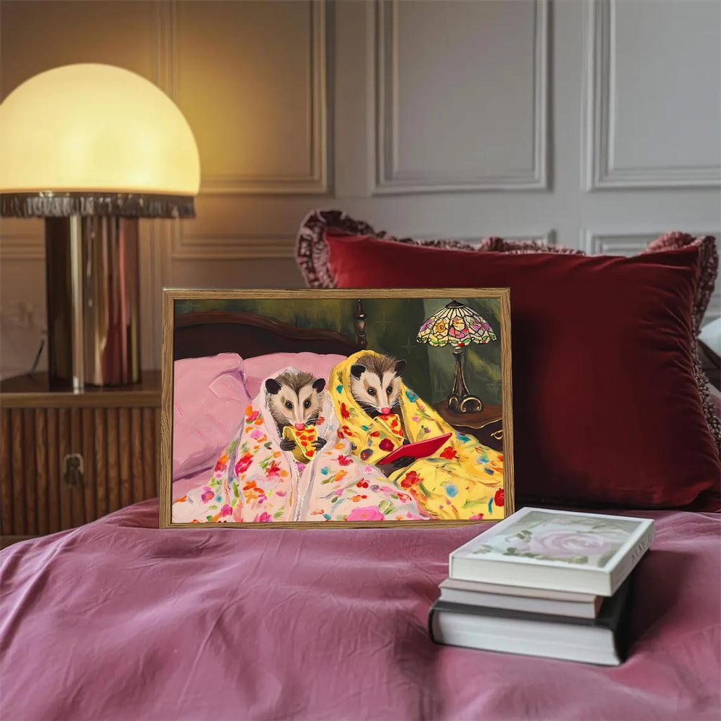 Funny Opossum Wall Art, Whimsical Animal Wall Decor Painting Cute Possum Eating Pizza in Bed Poster Canvas Prints
