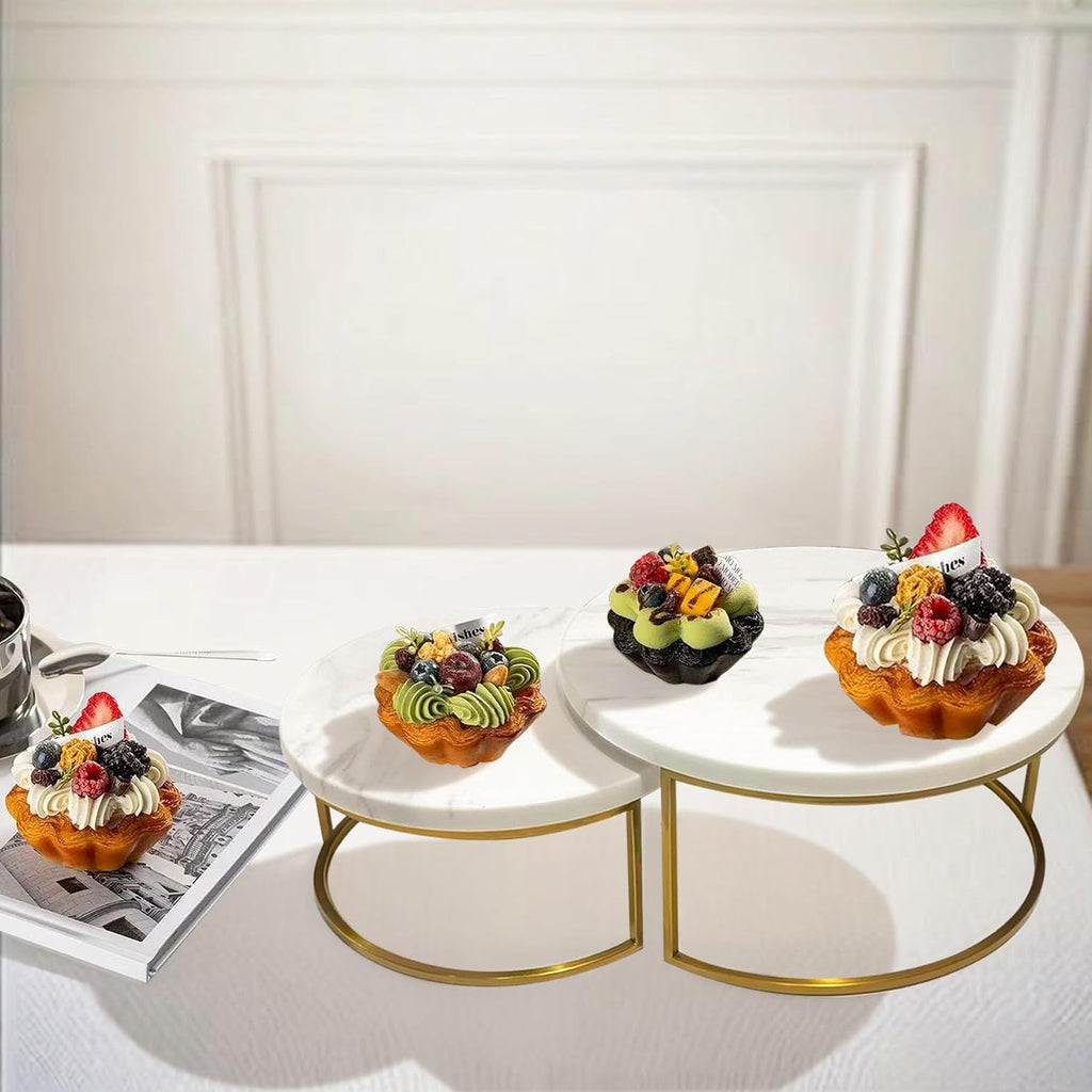 2-Piece Round Marble Cake Stand Set - 9.5 and 7.9 Inch Marble & Gold Dessert Display for Wedding, Party Decor - Set of 48