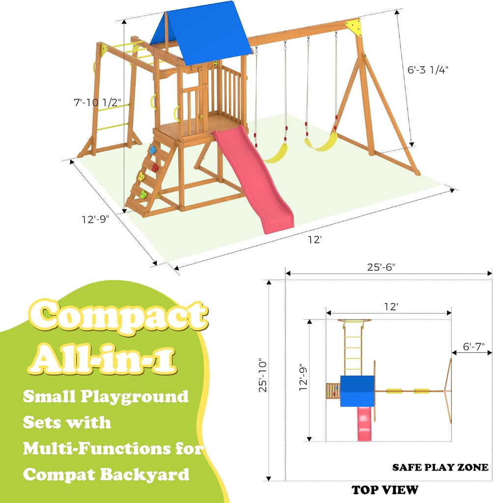 Wooden Playground Sets Backyards, for Ages 3-6 | Swing Set with Monkey bar, Outdoor Playset with Wave Slide, Rock