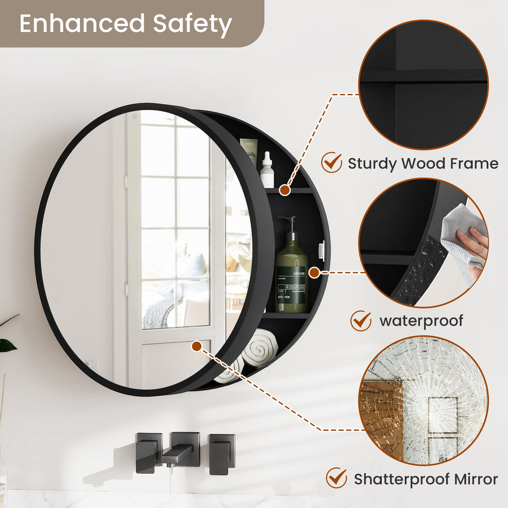 20 Inch Round Black Medicine Cabinet with Mirror, Modern Wall Mounted Vanity Cabinet, Circle Bathroom Mirror with