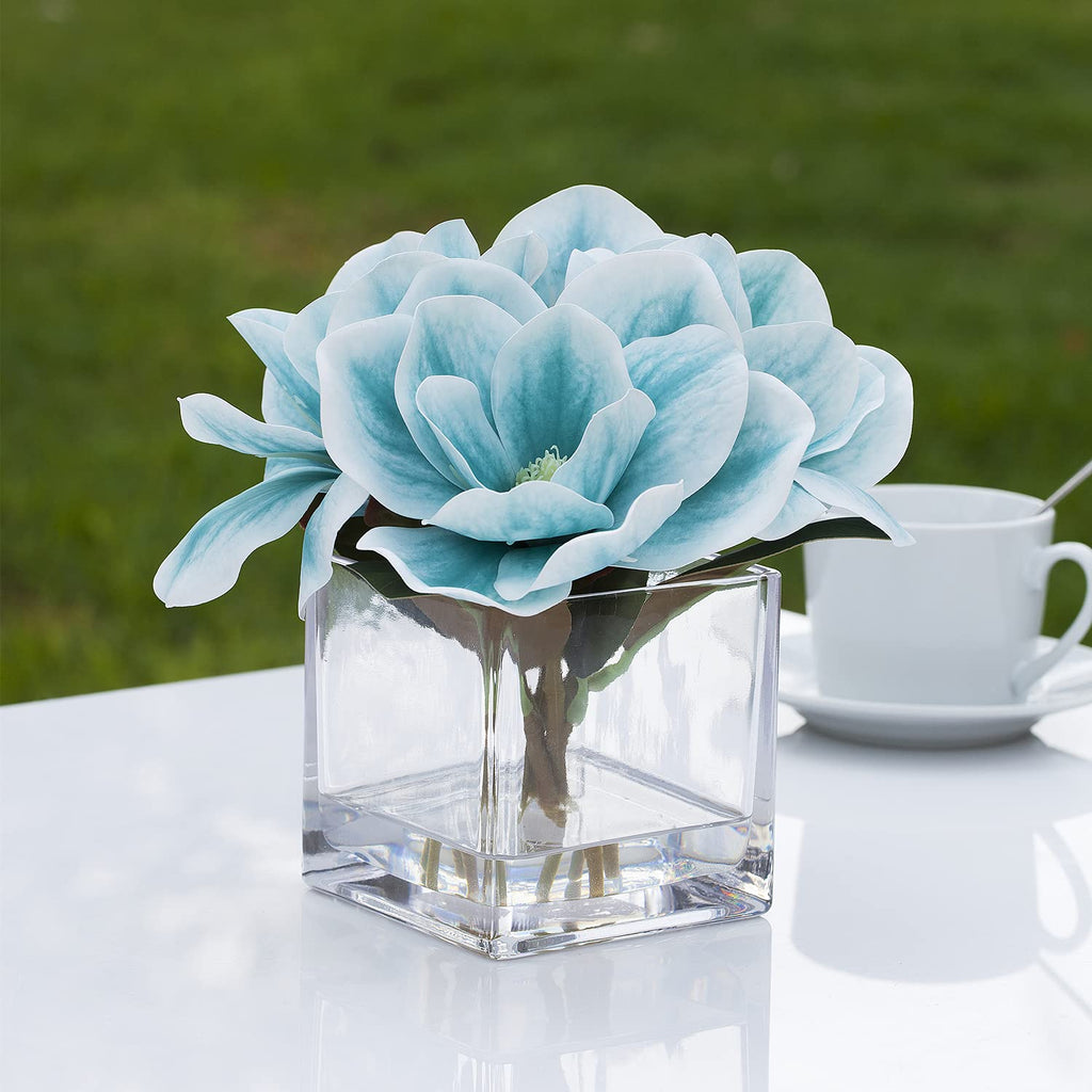 Floral Artificial Real Touch Magnolia Faux Flowers Arrangement in Cube Glass Vase with Faux Water Wedding (Blue)