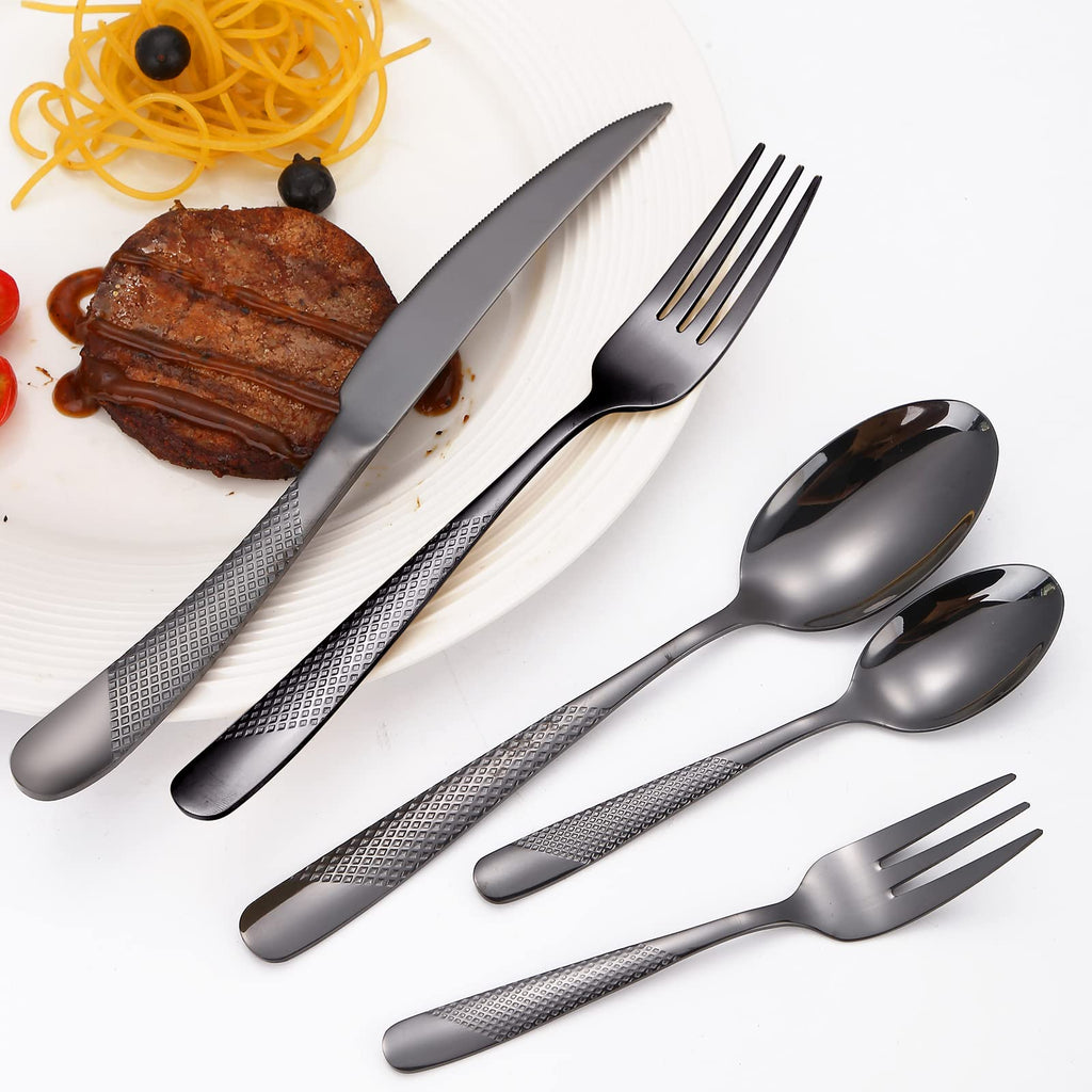 A·HOUSEWARE Black Silverware Hammered Flatware Kichen Stainless Steel Cutlery Set for 4 include Metallic Forks Knives
