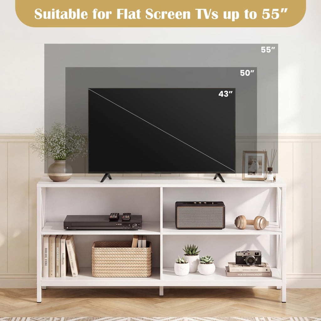TV Stand for TVs up to 55 Inches, 47" Farmhouse Entertainment Center with 4 Open Shelves & Built-in Cable Holes, TV
