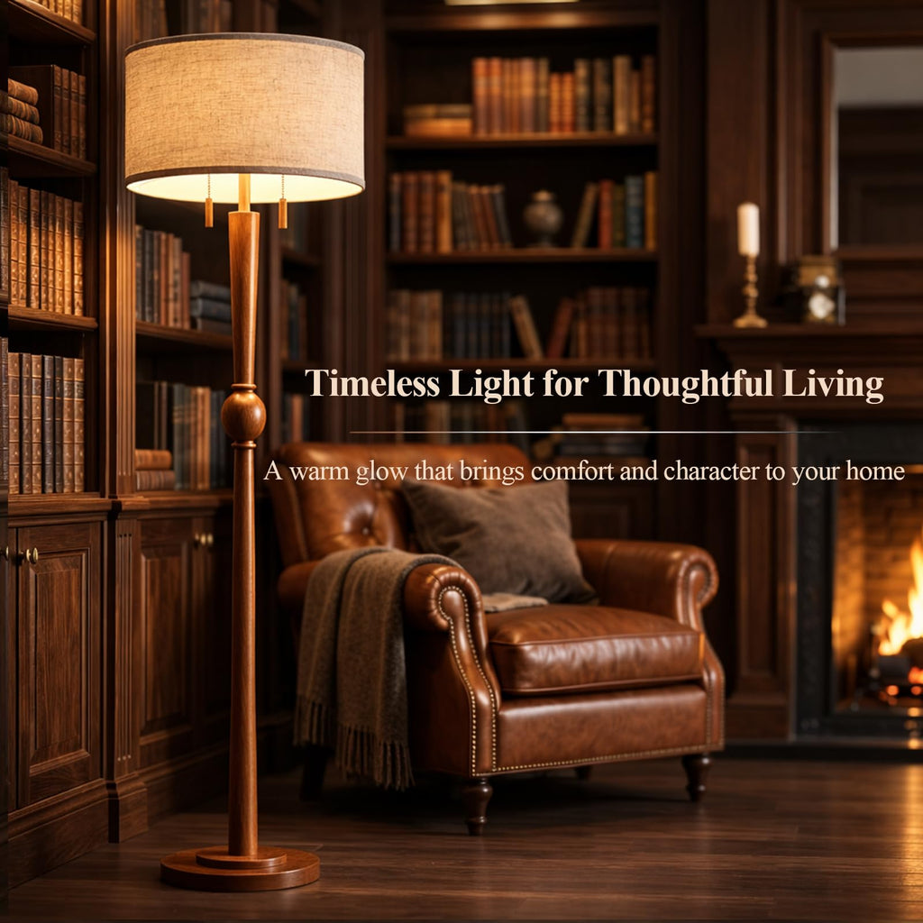 Solid Wood Floor Lamp with Wooden Pull Chains