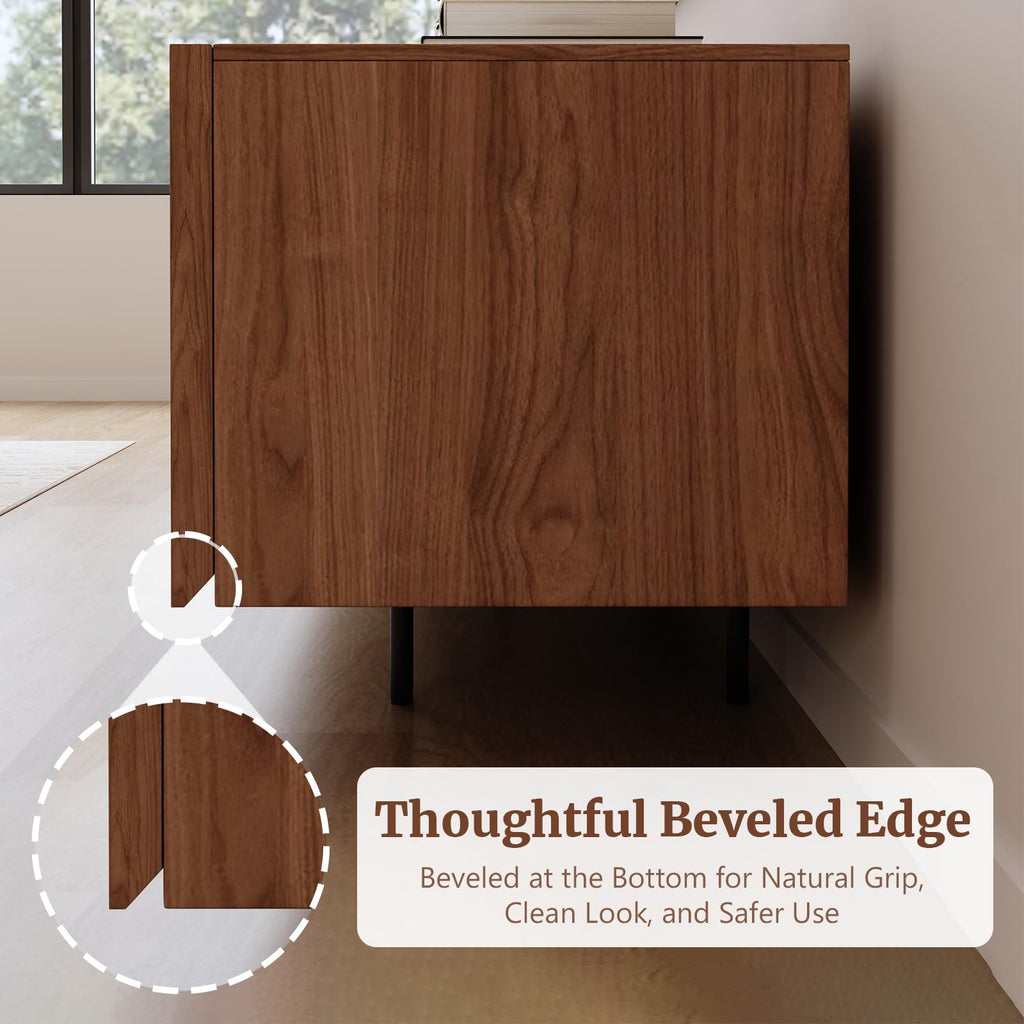 Modern Walnut TV Stand - Long Media Console with 4 Doors, Large Concealed Storage, Cable Management & Metal Legs