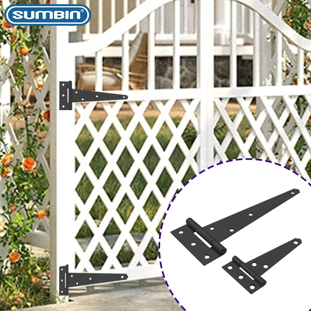 8 Inch Black T-Strap Shed Hinges, Heavy Duty Gate Strap Hinges for Barn Door, Shed or Wooden Fences (4 Pack)
