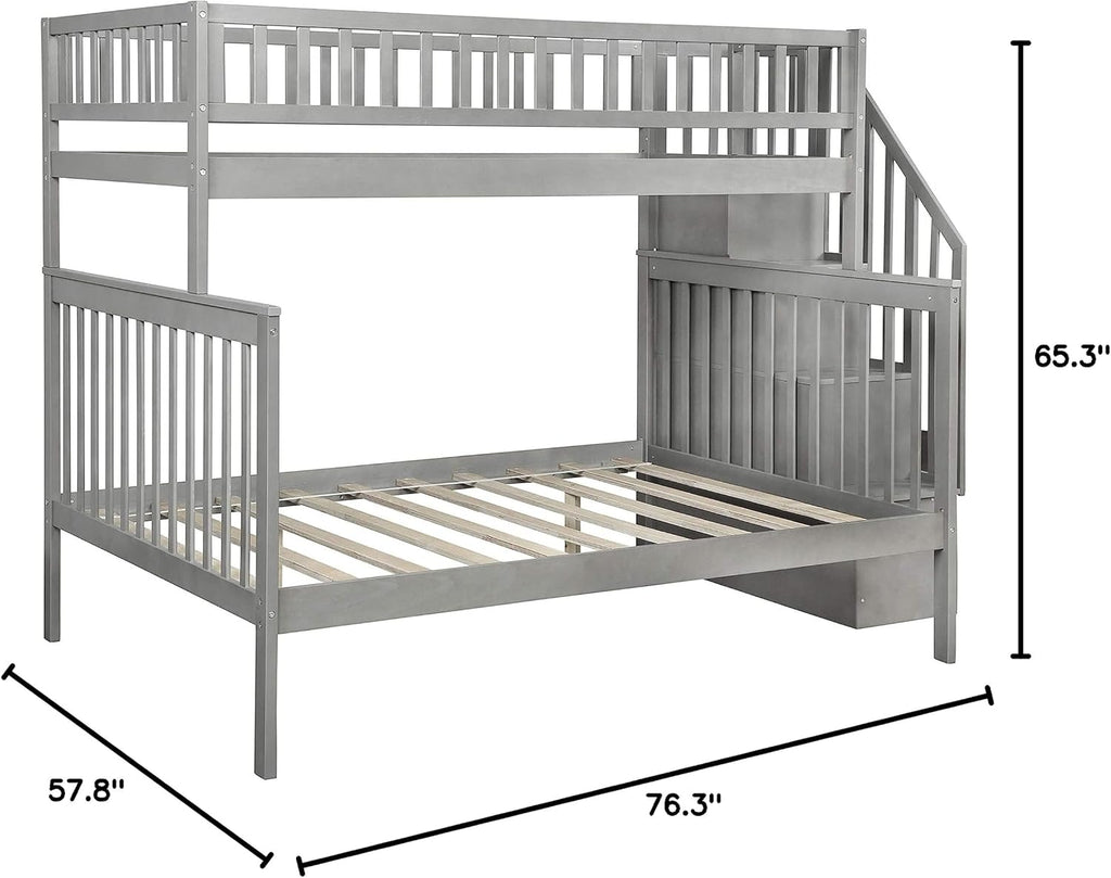 Twin Over Full Bunk Bed with Stairs, Wood Bed Frame with Storage Space and Guard Rail for Bedroom, Dorm, for Teens