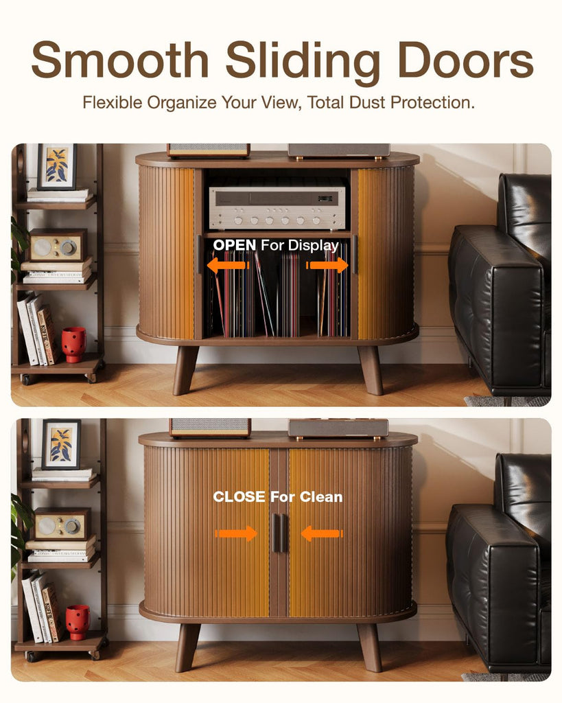 Record Player Stand, Midcentury Modern Furniture Turntable Stand with Sliding Doors, Audio-Video Shelving Cabinet
