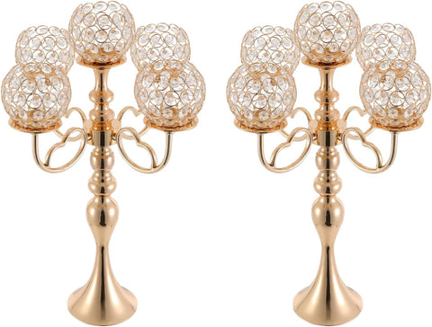 2 Pack Gold Candelabra Centerpiece 5 Arms with Crystal Pendant 21.5 Inch Tall Floor Crystal Chandelier Crystal Beaded