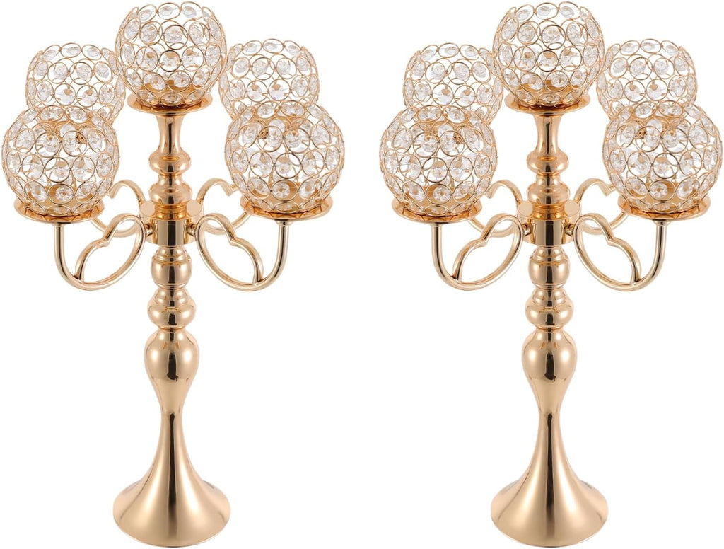 2 Pcs 5 Arms Candelabra Centerpieces with Crystal Pendant, 21.5 inch Tall Crystal Candle Holder Branch Shaped Wax