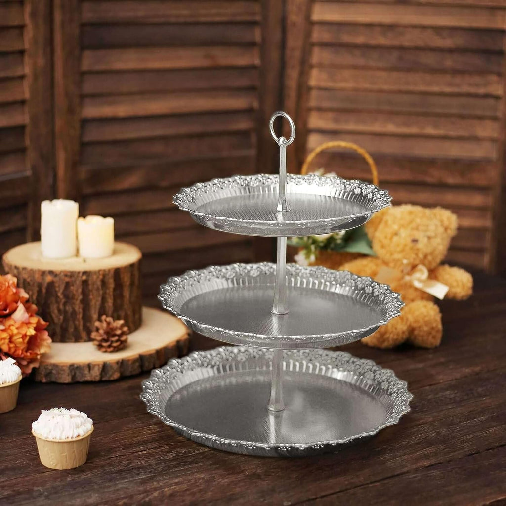3-Tier Silver Cupcake Stand Lace Cut Scalloped Edge Dessert Tower, Decorative Baby Shower Pastry Display - 15" Tall - Set of 3