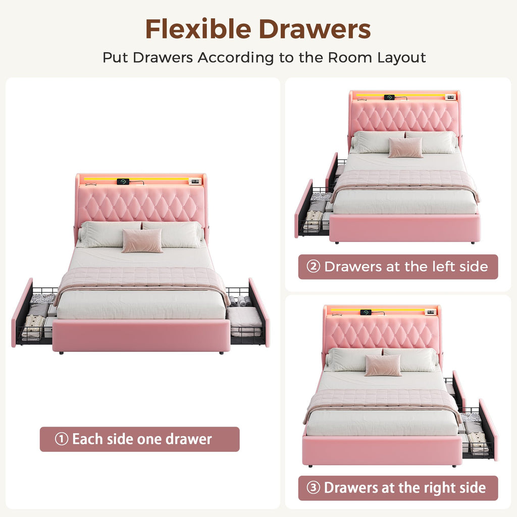 Full LED Velvet Bed Frame with 2 Storage Drawers&Hidden Headboard, Upholstered Platform Bed with Charging