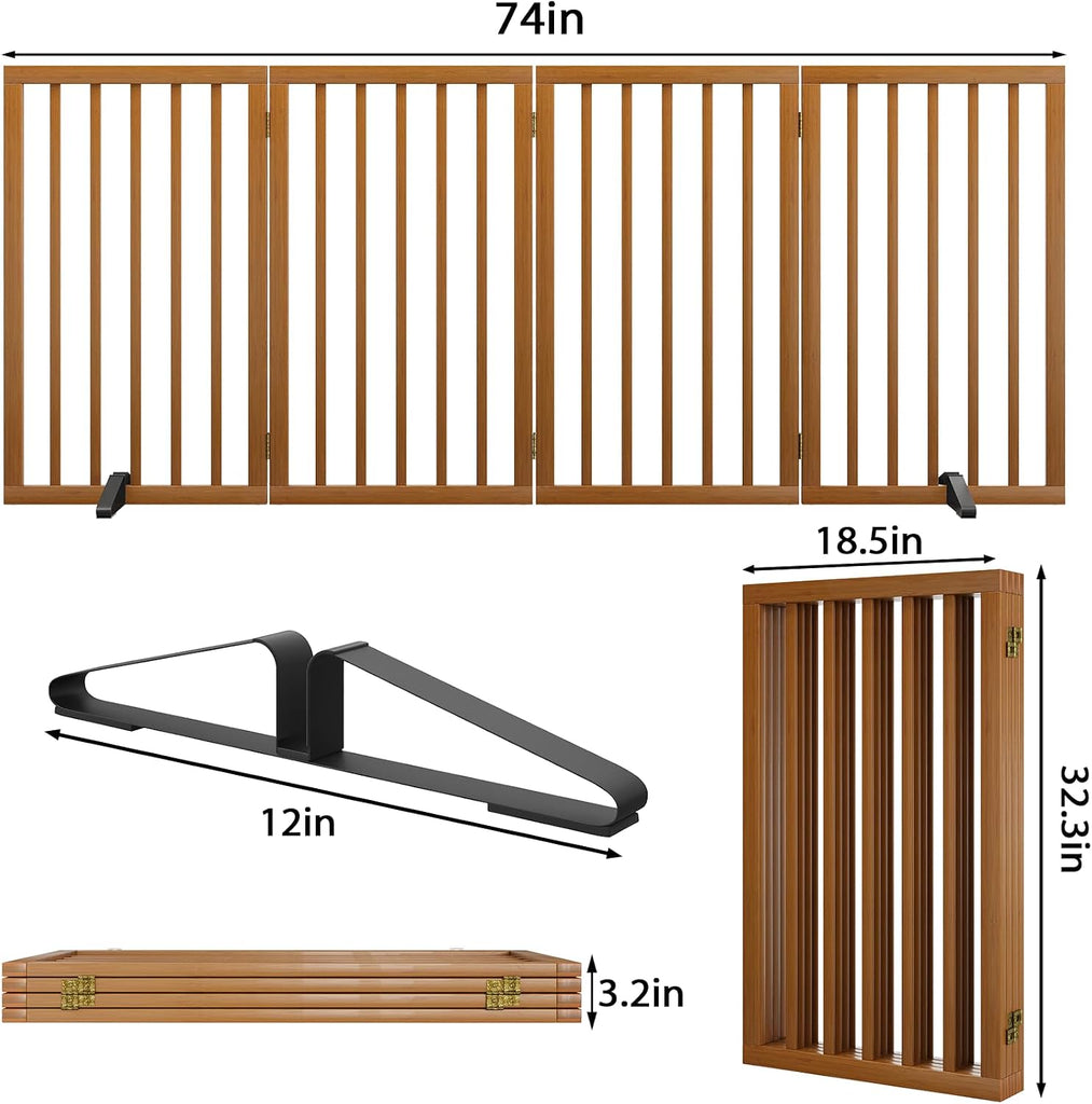 Dog Gate 32" Tall Foldable Dog Gate for Doorways Freestanding Pet Gate for Dogs Indoor (Walnut, 4 Panel)
