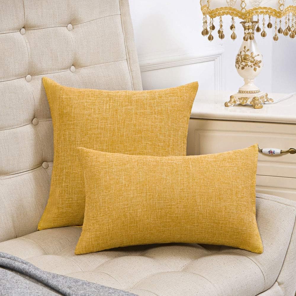 Set of 2 Mustard Yellow Pillow Covers 18x18 Inch Rustic Linen Decorative Square Throw Pillow Covers