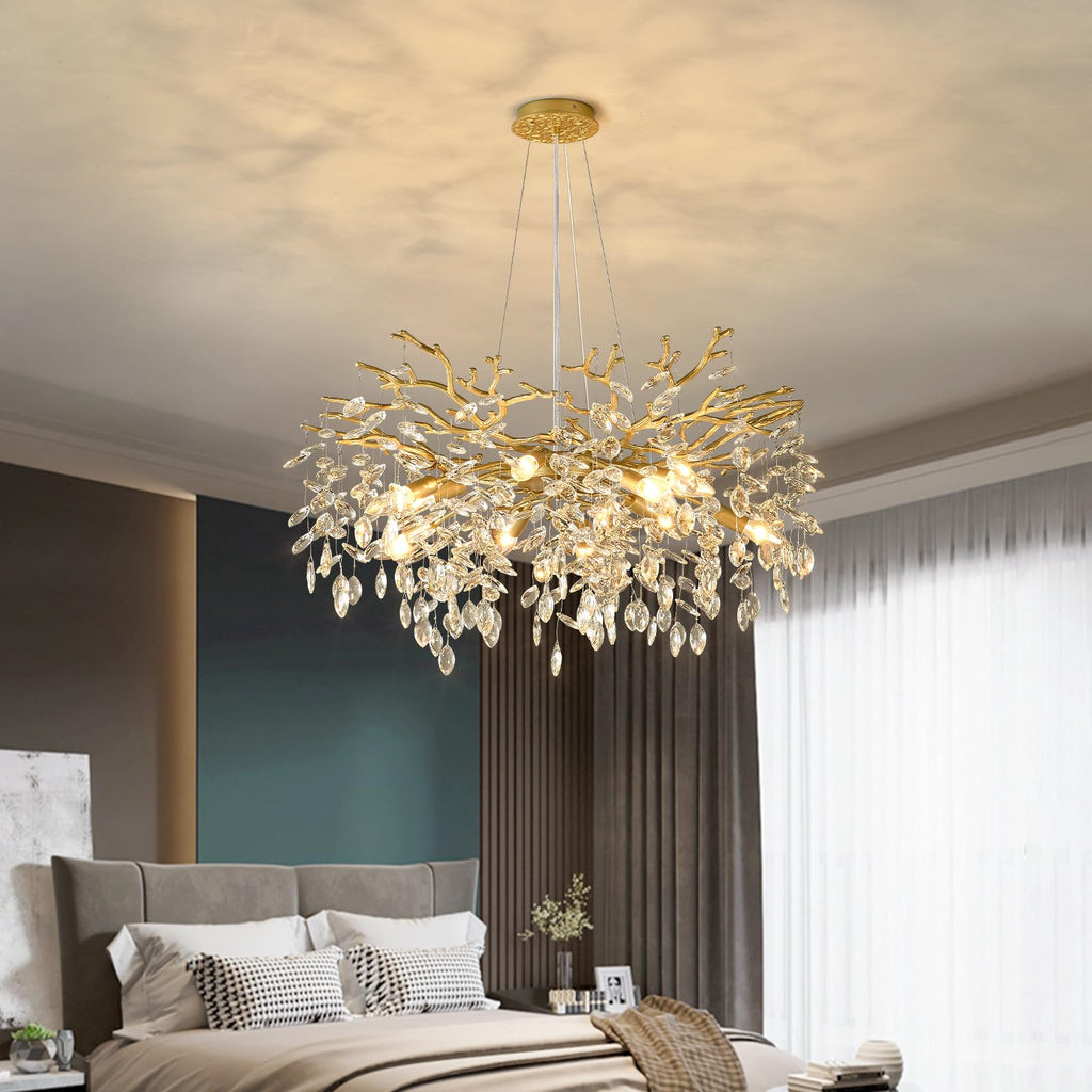 Gold Tree Branch Chandelier 32" 10-Light Modern Crystal Light Fixture