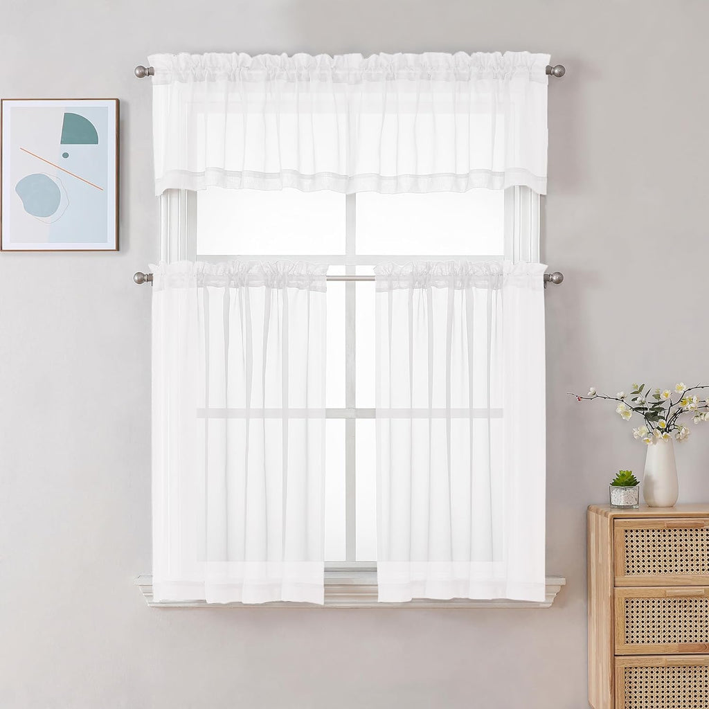 White Sheer Curtains 2 Panels, Short Voile Drapes for Dinning Small Windows Bathroom Living Room