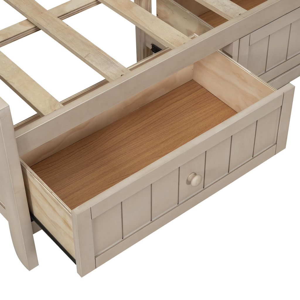 Corner Bed Frame with Bookcase Storage, Wood Platform Bed Frame with 3 Drawers, Daybed with Storage