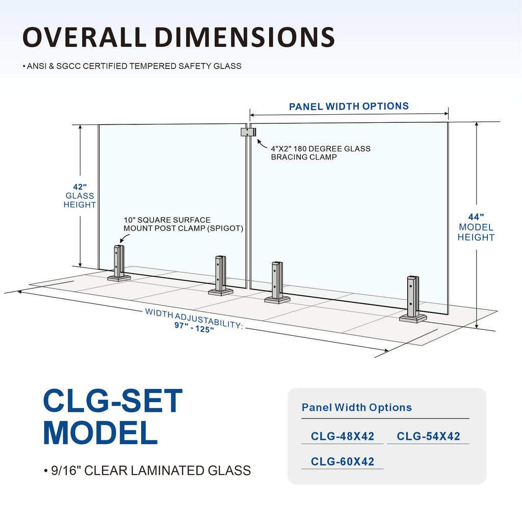 2 Panel Laminated Glass Railing System, 121-125" W x 44" H Patio Rail Kit