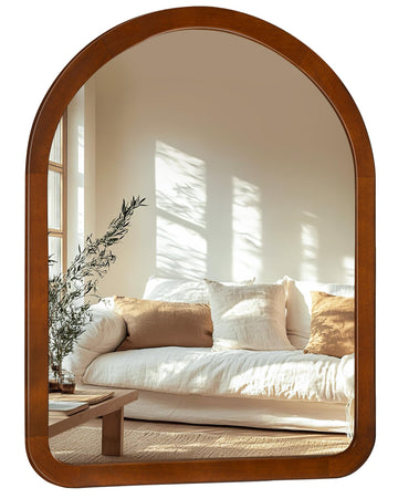 Arched Mirror 30 x 40 Inch, Walnut Brown Wood Rustic Bathroom Tempered Wall Mirror with Wood Frame, Round Corner Arch