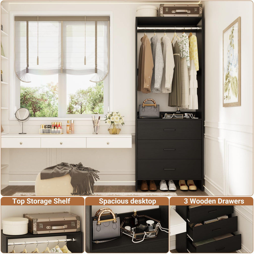 1.8FT Closet System with 3 Drawers, 21.5'' Closet Organizer, Black