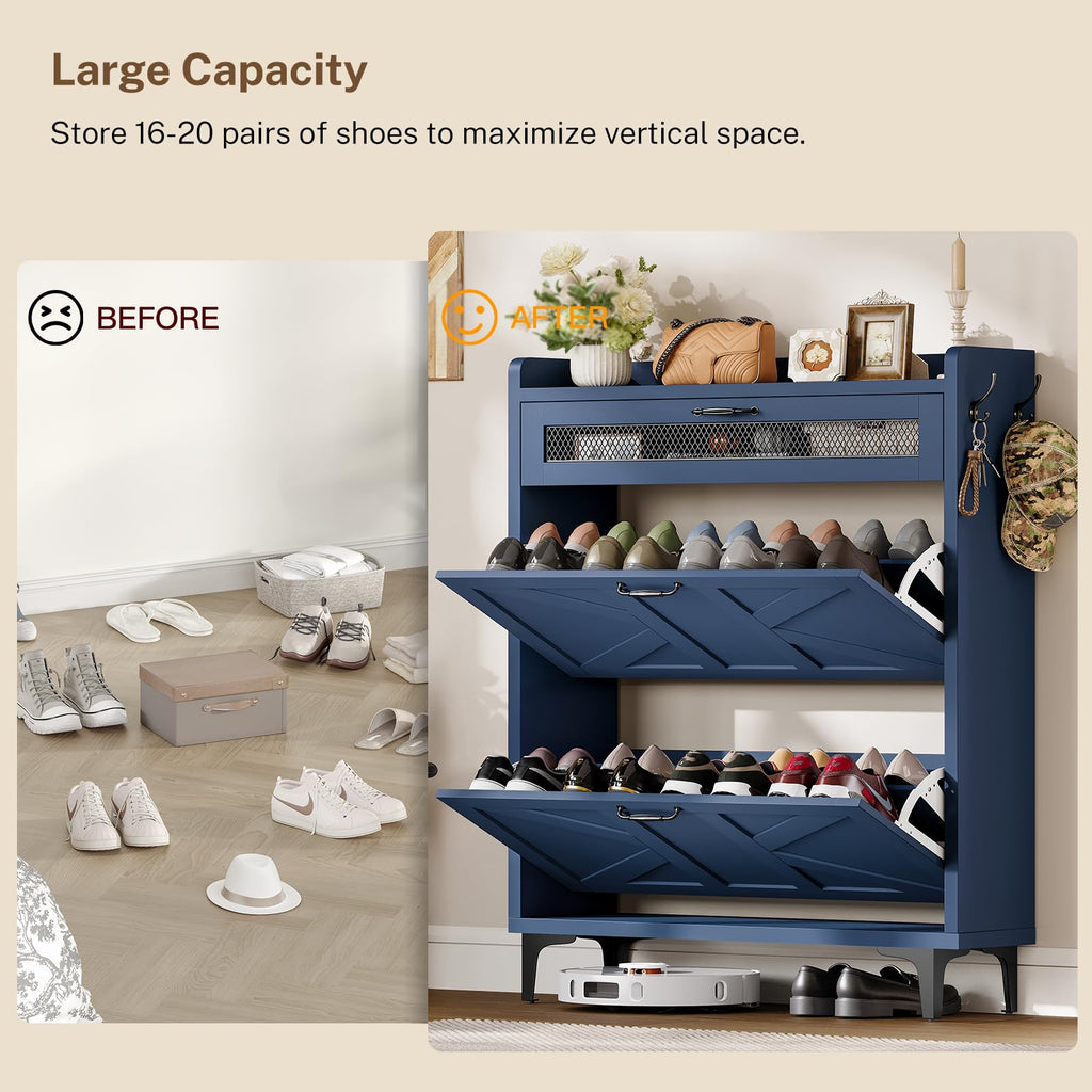 Shoe Cabinet with 2 Flip Drawers & Top Drawer, Farmhouse Narrow Shoe Storage Cabinet with Adjustable Shelves & Hooks