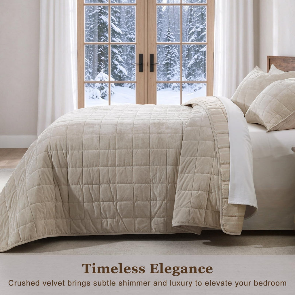 Velvet Quilt Set Oversized King 112"x106", Light Beige