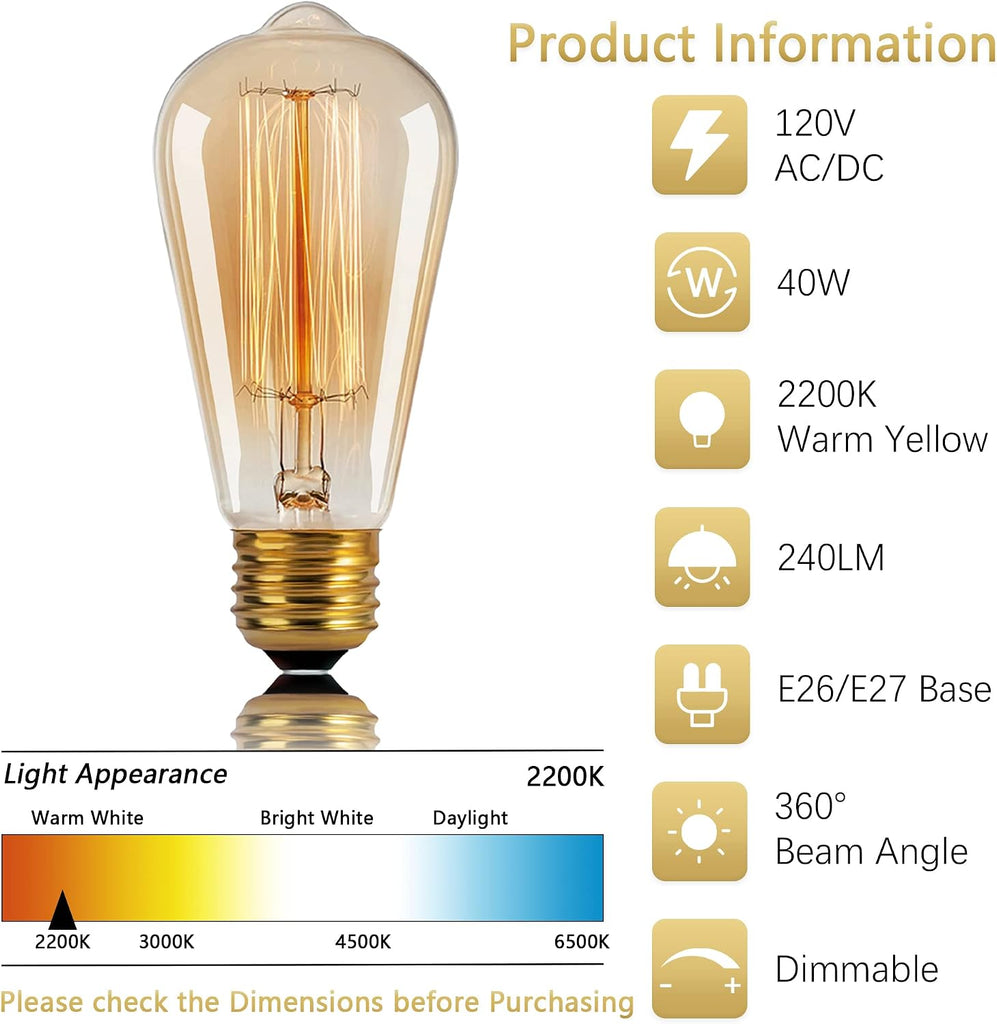 ST64 Edison Bulbs 40W Dimmable E26 Incandescent Light Bulbs 2 Pack
