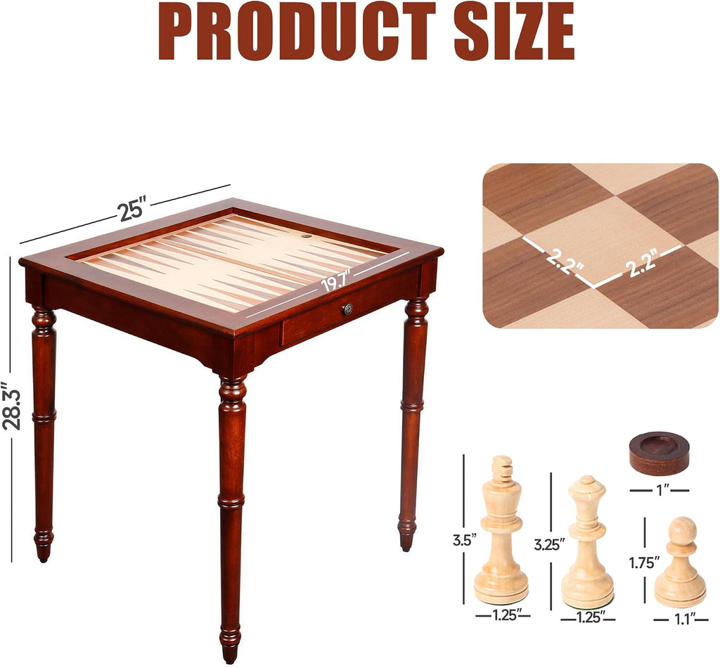 GSE Deluxe 3-in-1 Chess Checkers Backgammon Game Table Set with Game Pieces - Set of 32