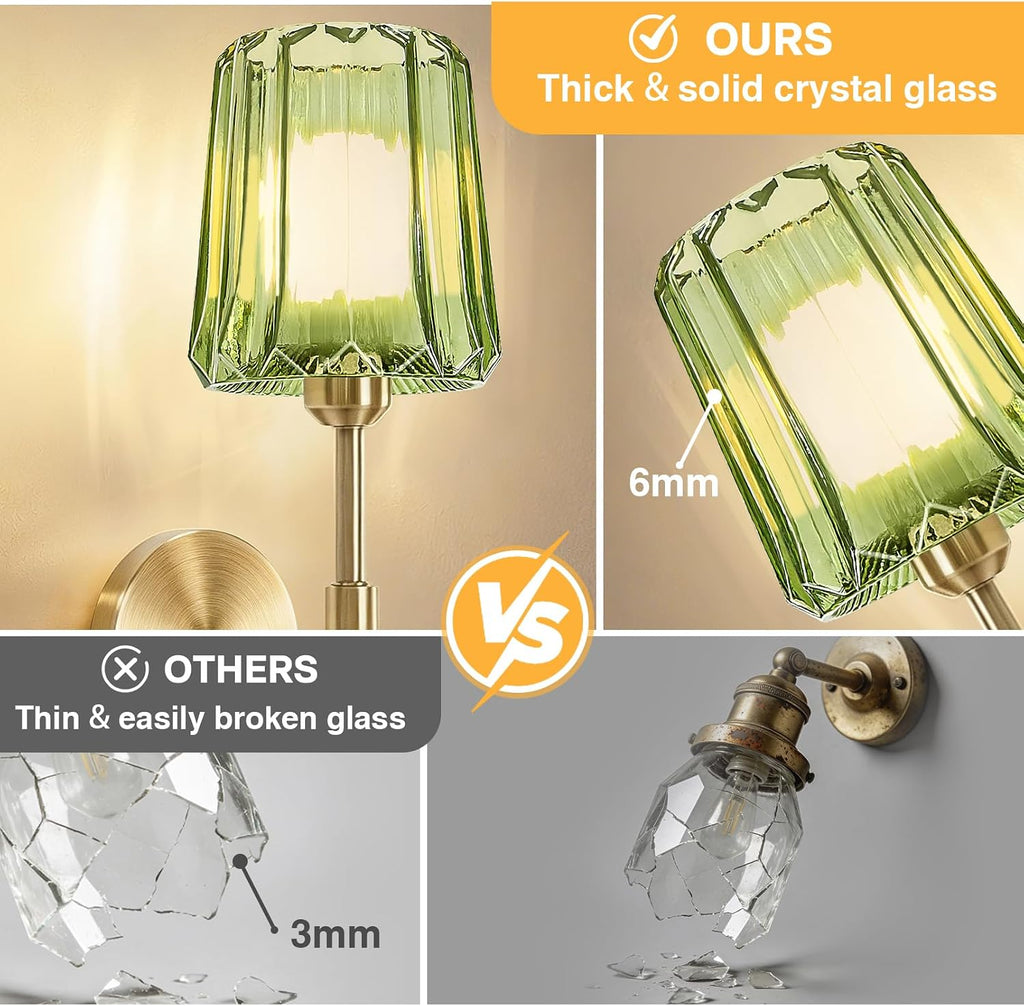 Crystal Battery Operated Wall Sconces Set of 2, Green Rechargeable Wireless Wall Sconce Lights with Crystal