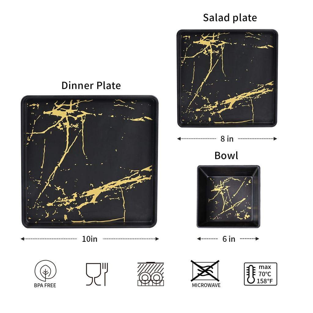 Melamine Dinnerware Sets - 12pcs Square Plates and Bowls Sets For 4, Indoor Outdoor Use, Dishwasher Safe, Black & Gold