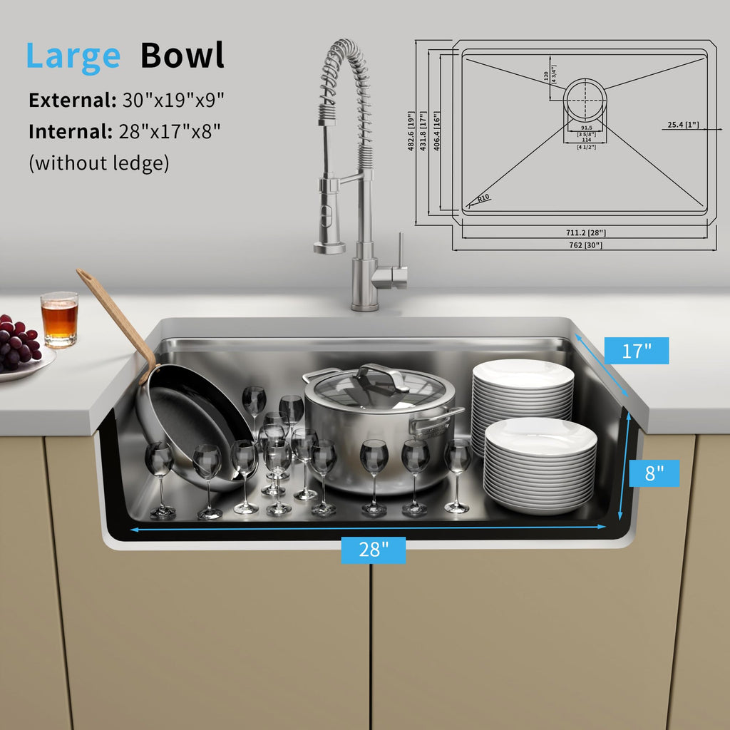 30 Inch Workstation Kitchen Sink, 16 Gauge Undermount Sink