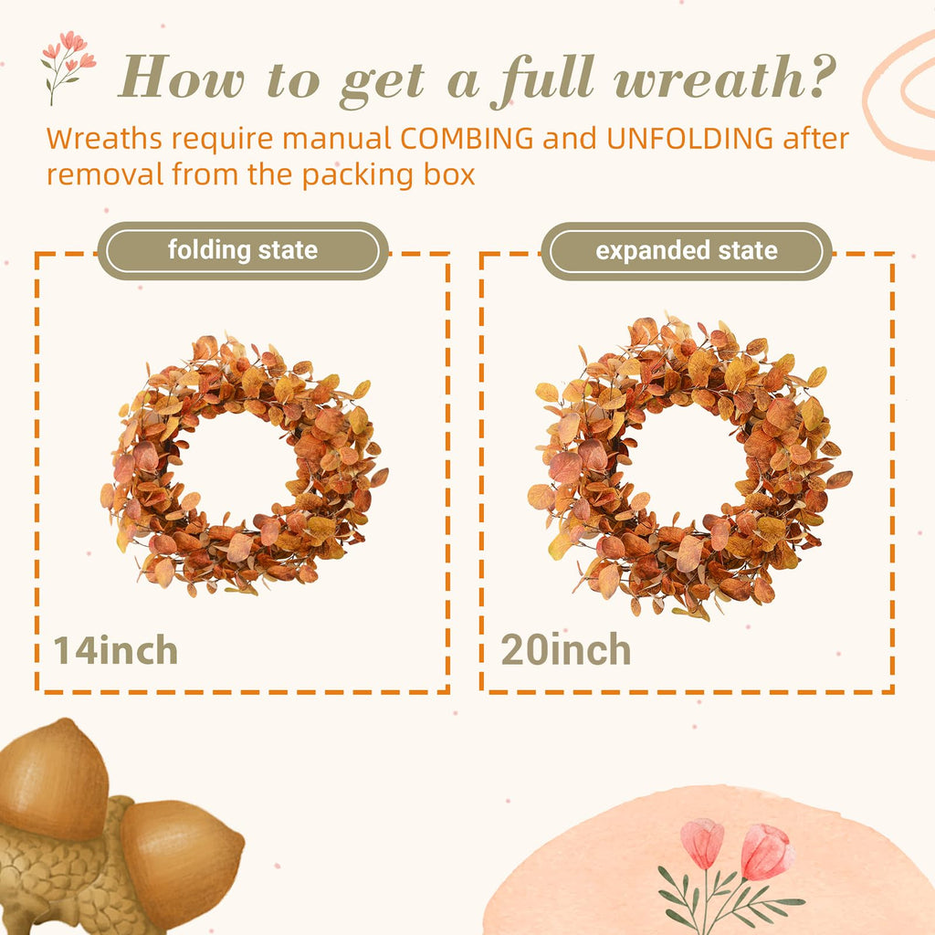 20" Fall Wreath for Front Door, Golden Eucalyptus Leaves
