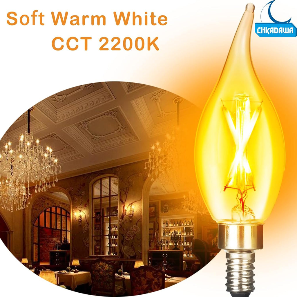 E12 Amber Candelabra Light Bulbs Dimmable 40 Watts Equivalent, Flame Tip Chandelier Light Bulbs CA11, Vintage Candle