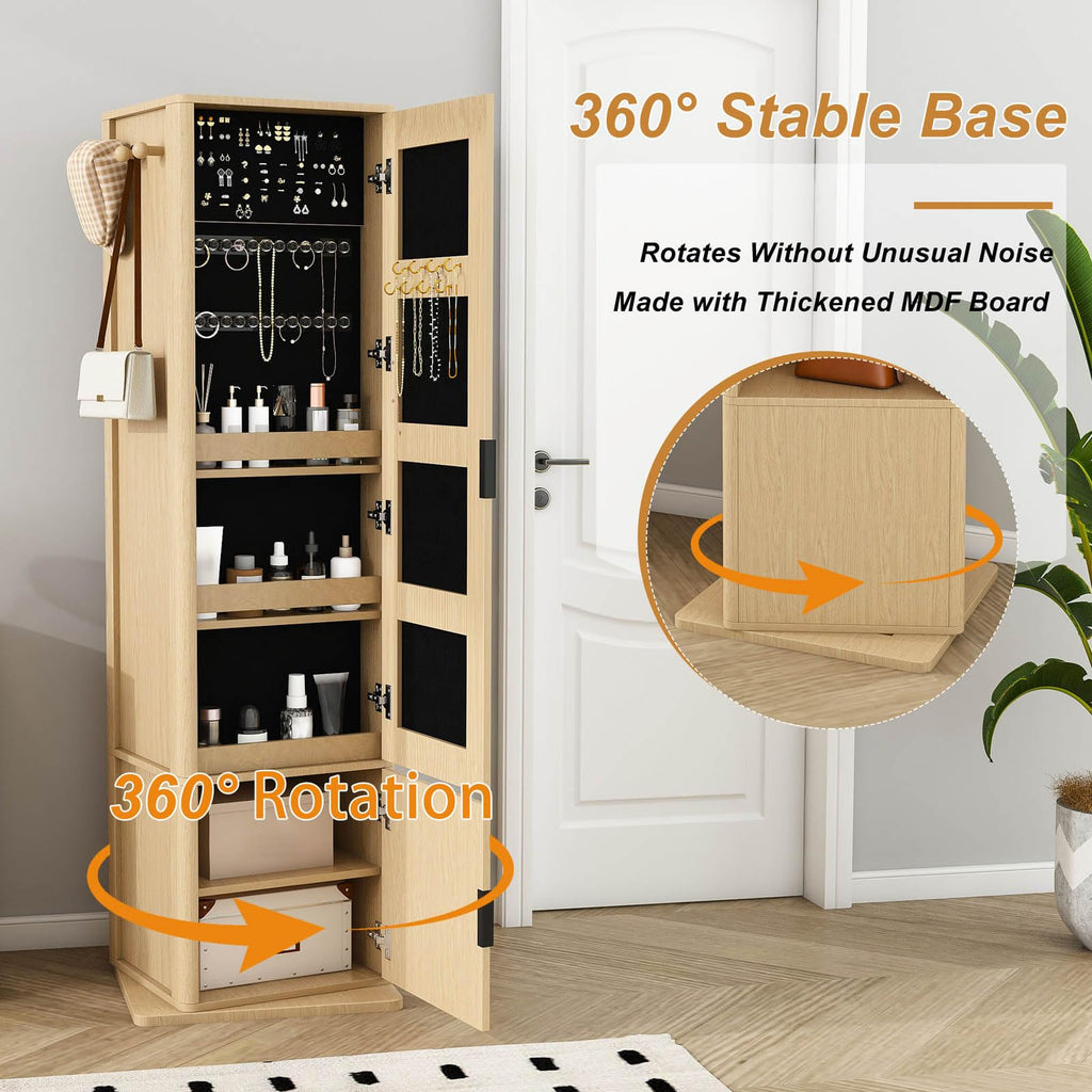 360° Rotating Mirror with Storage, 66" Jewelry Mirror Full Length, Oak