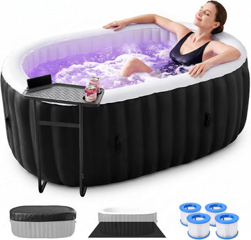 Inflatable Hot Tub with LED Lights, 2 Person Oval Portable Blow up Hot Tub Spa with Side Table, Leak-Proof PVC