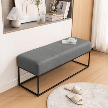 Leather Entryway Bench, Modern Long Leather Ottoman Bench Seat with Metal Frame, 47'' Upholstered Bedroom Bench