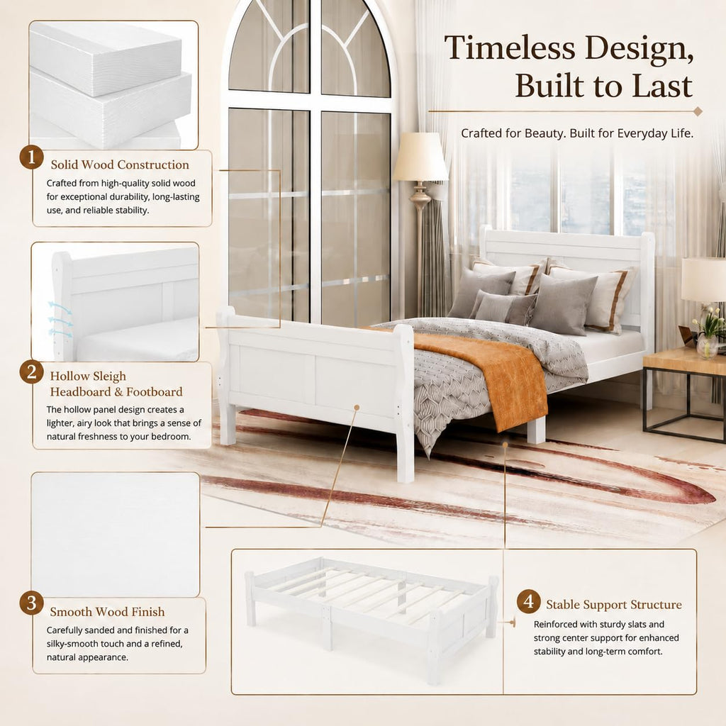 Solid Wood Bed Frame with Headboard, Footboard Farmhouse Platform Bed, Mattress Foundation Sleigh Beds
