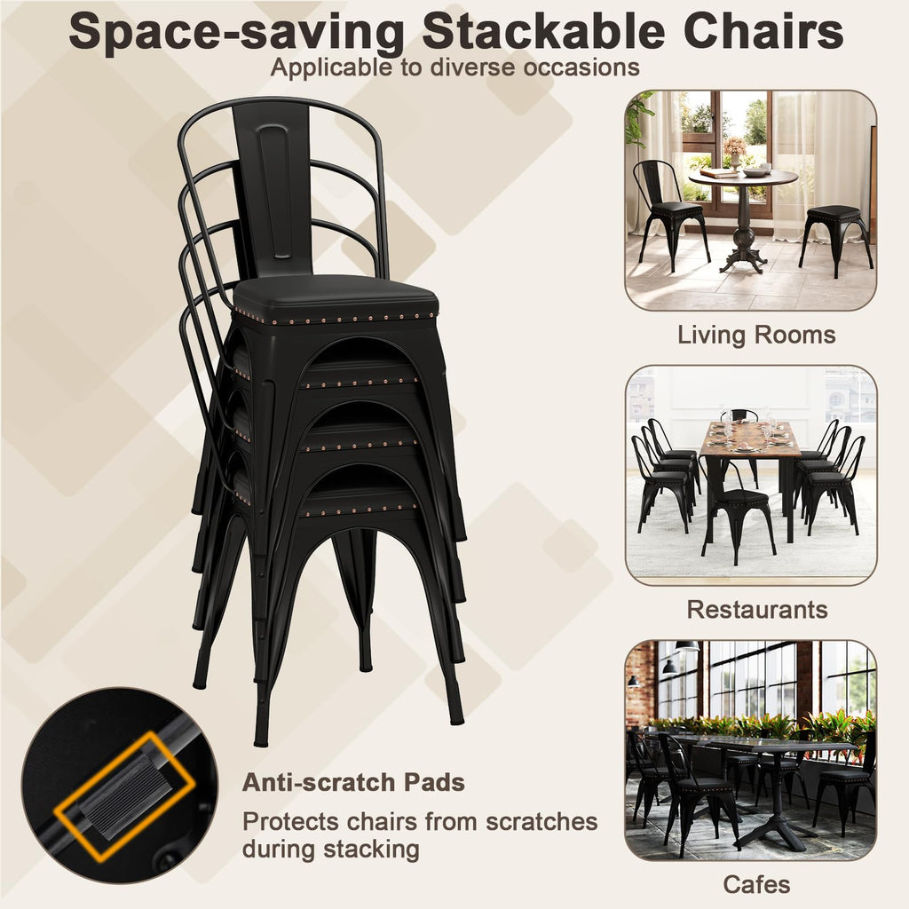 Metal Dining Chairs Set of 4, Stackable Armless Kitchen Side Chair with Detachable Backrest & PU Leather Padded Seat