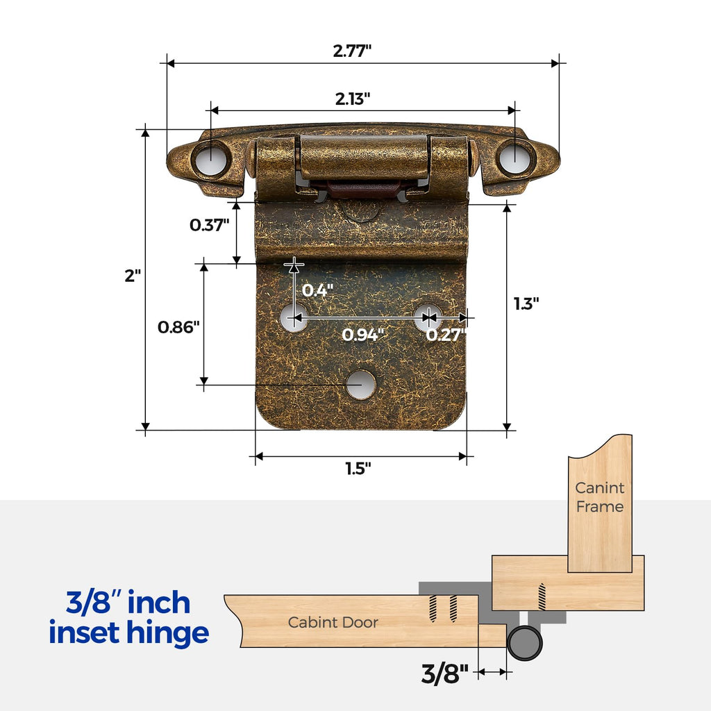 3/8" Inset Antique Brass Cabinet Hinges 30 Pack (15 Pairs)