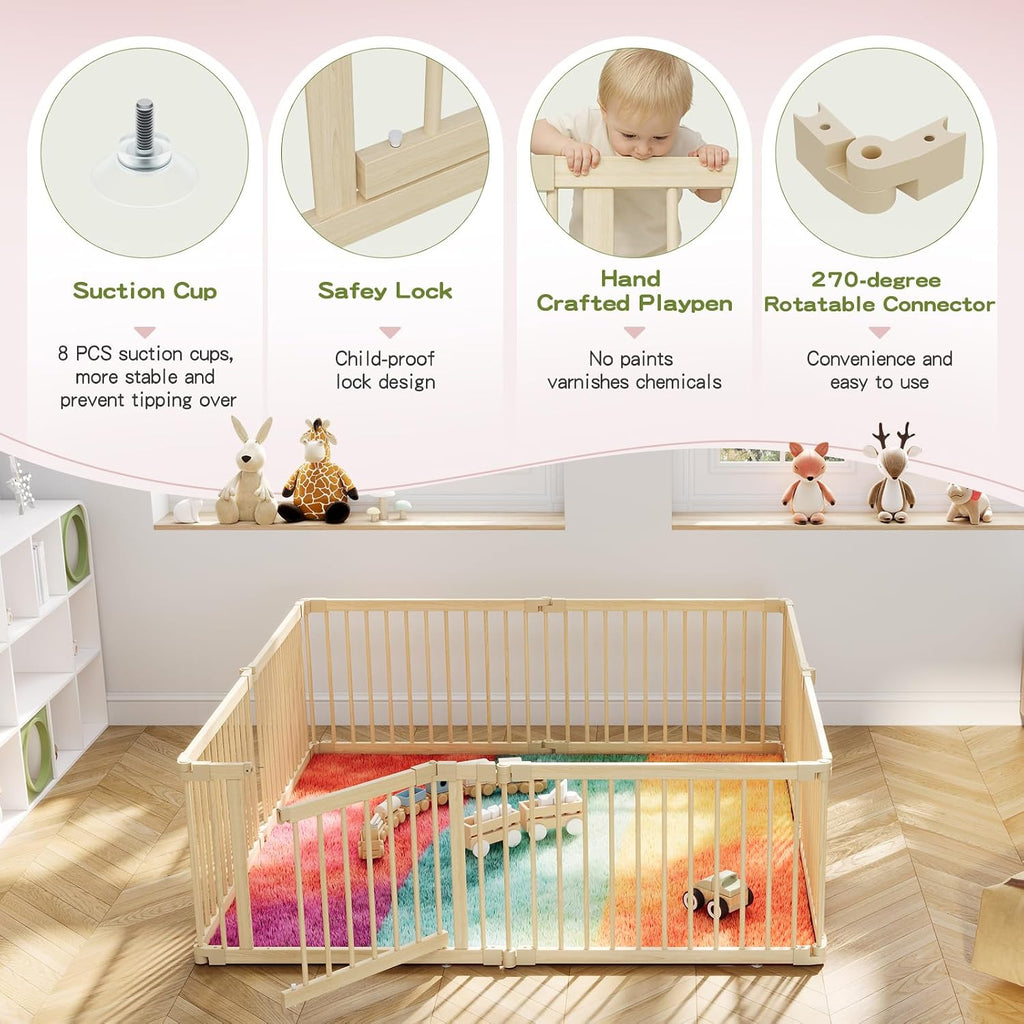 64x64in Foldable Wooden Baby Playpen with Gate, Child Safety Lock, CPC Certified Indoor Play Yard with Suction Cups